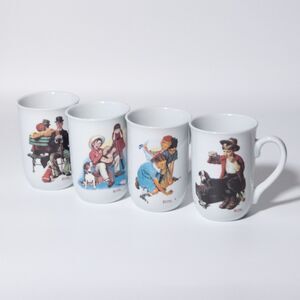 Norman Rockwell Set of 4 Collectible Ceramic Tea Mugs Cups PMC 4" Tall Art